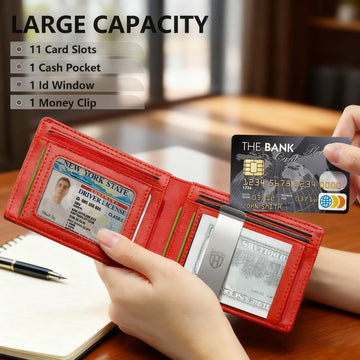 Men's RFID Blocking Leather Wallet - 12 Card Slots with ID Window